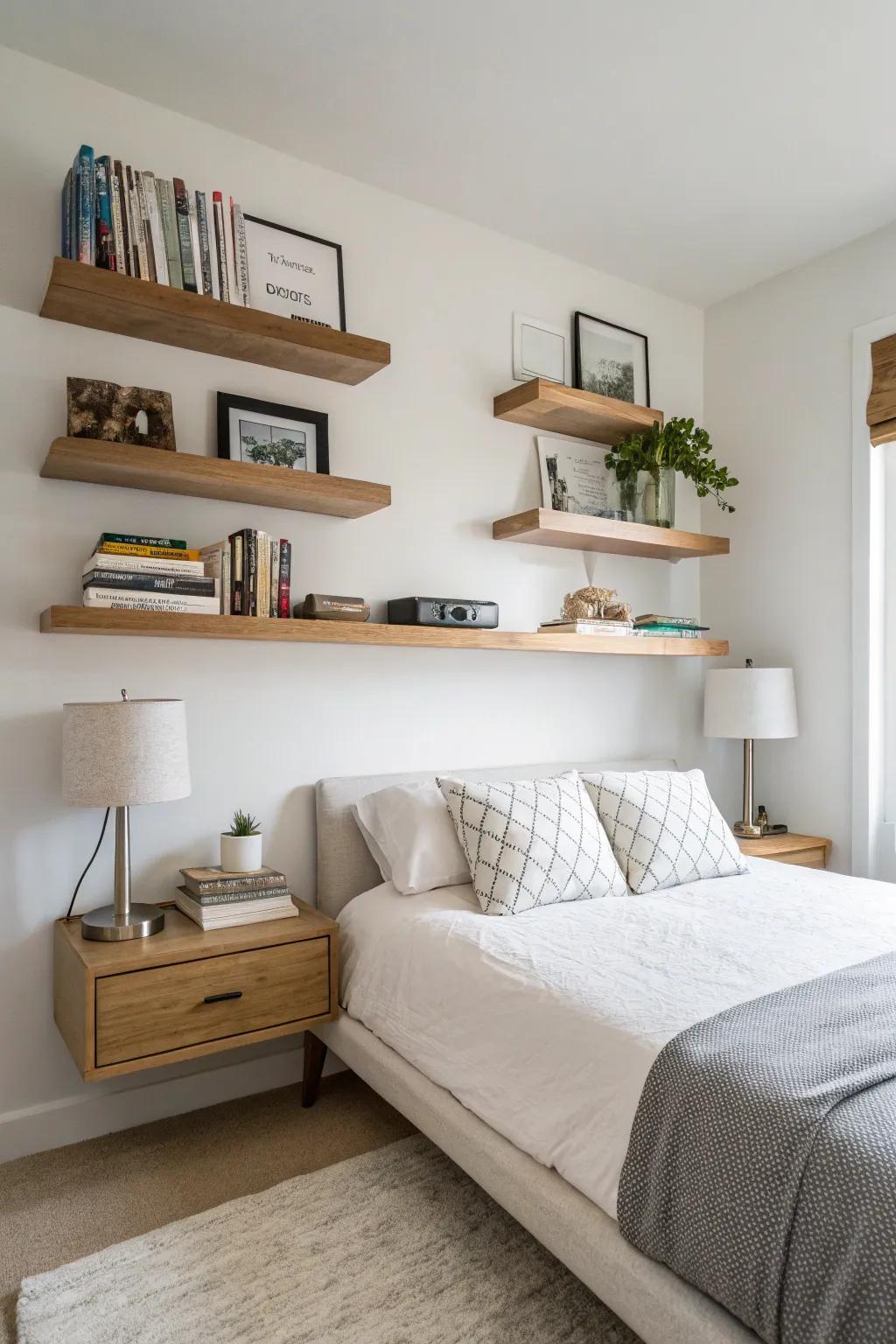 Floating shelves serving as minimalist nightstands in a modern bedroom.