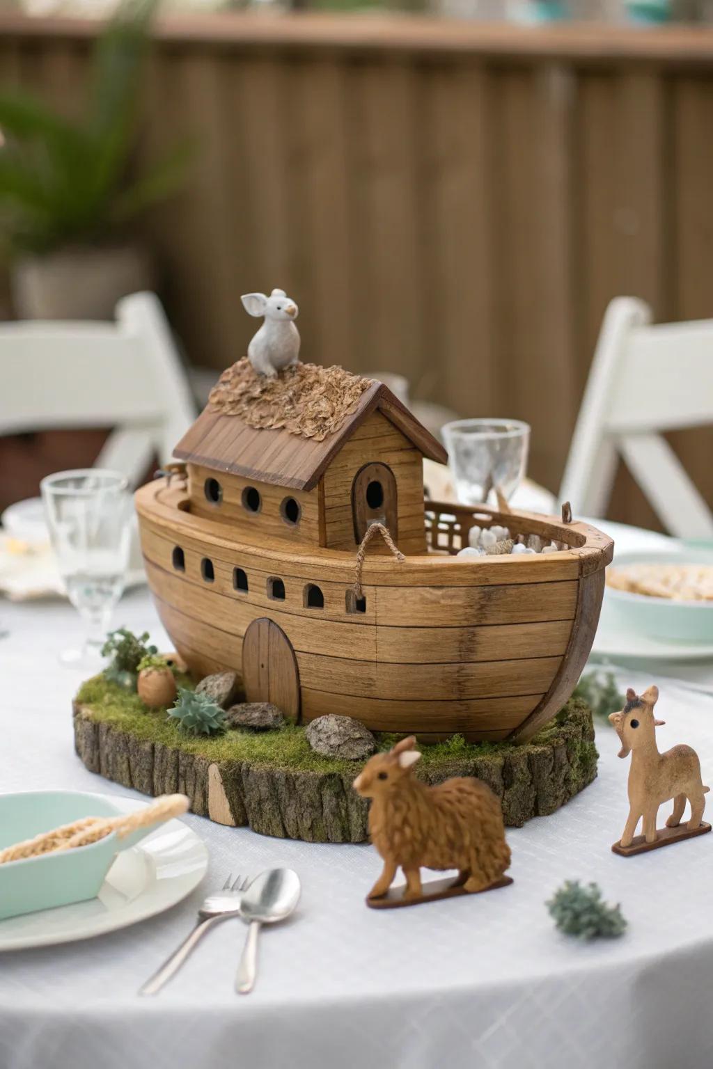 A charming rustic wooden ark centerpiece with miniature animals.