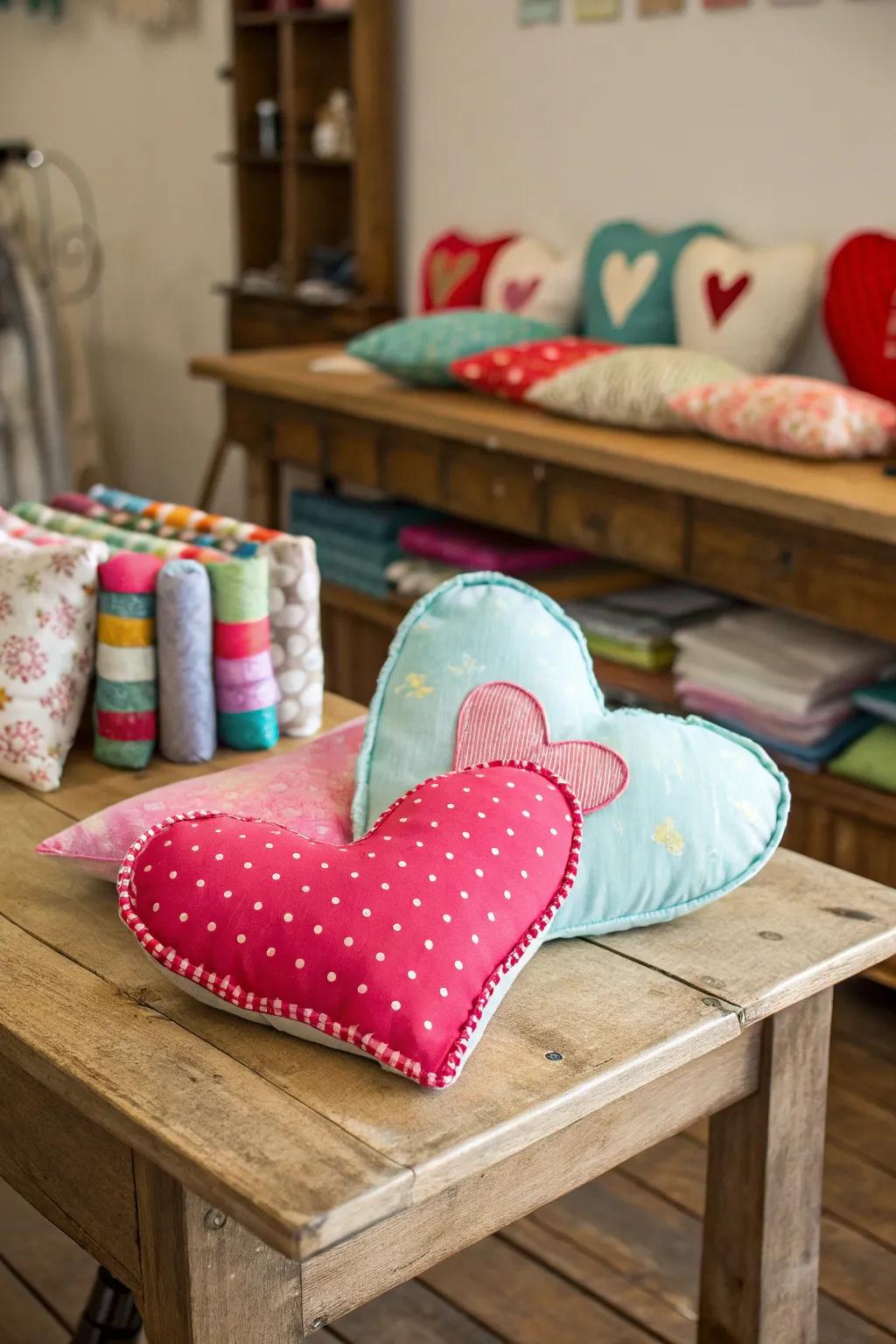 Handmade heart pillows ready to spread comfort and love.