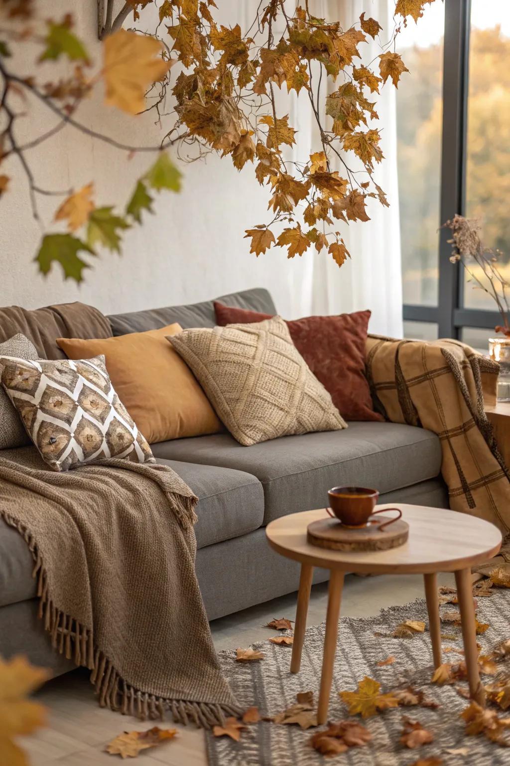 Bring warmth to your living room with rich earth-toned accents that celebrate the season.