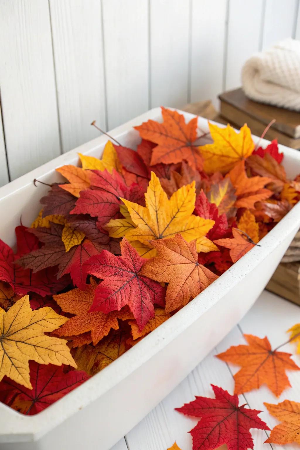 Dive into the colors of fall with a sensory bin filled with the beauty of autumn leaves!