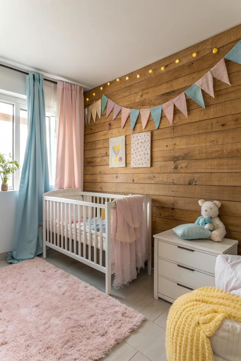 A nursery with a wooden slat accent wall that adds modern warmth and elegance.