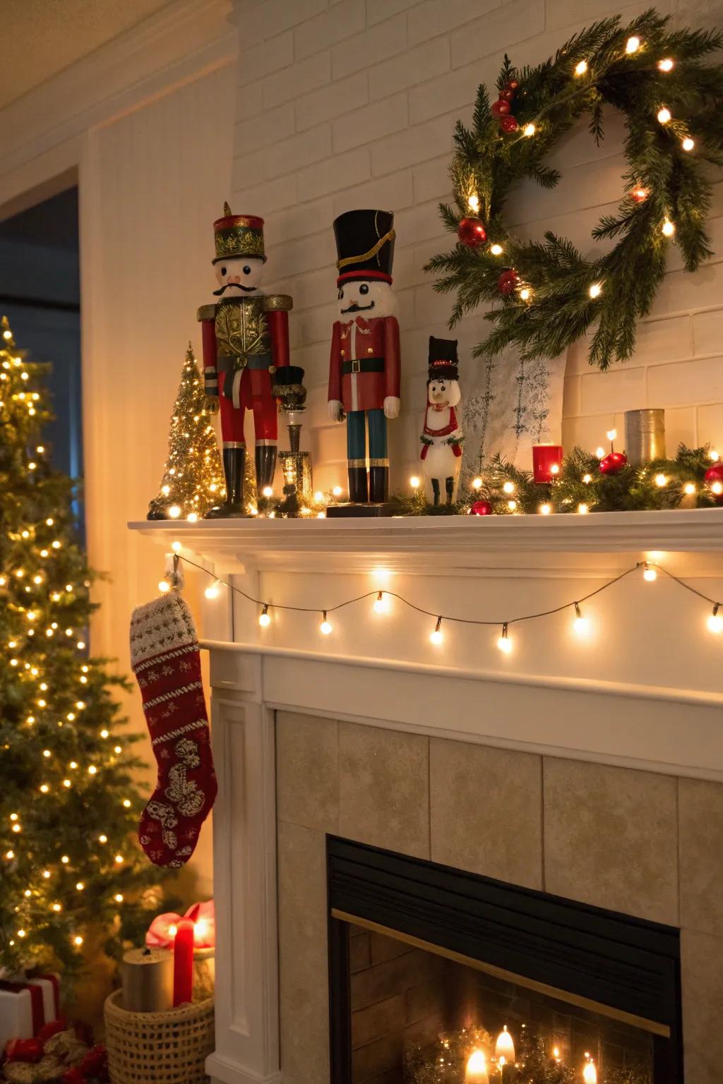 A mantel adorned with nutcrackers and lights creates a festive focal point.