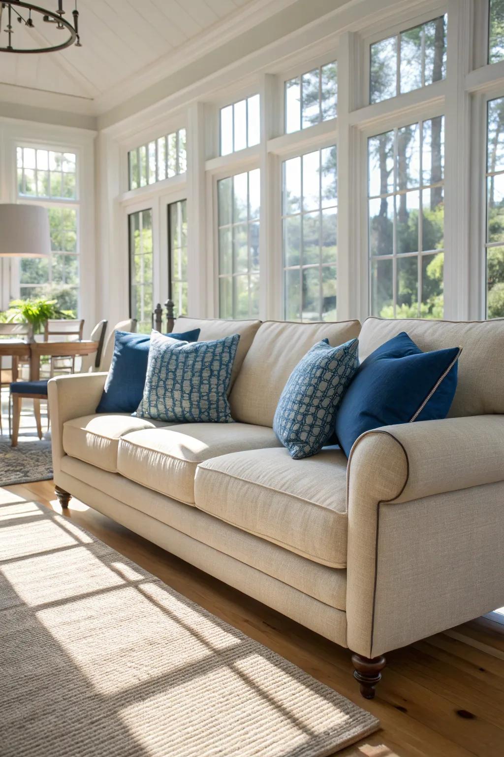 Blue pillows breathe life into the neutral tones of an oatmeal sofa.