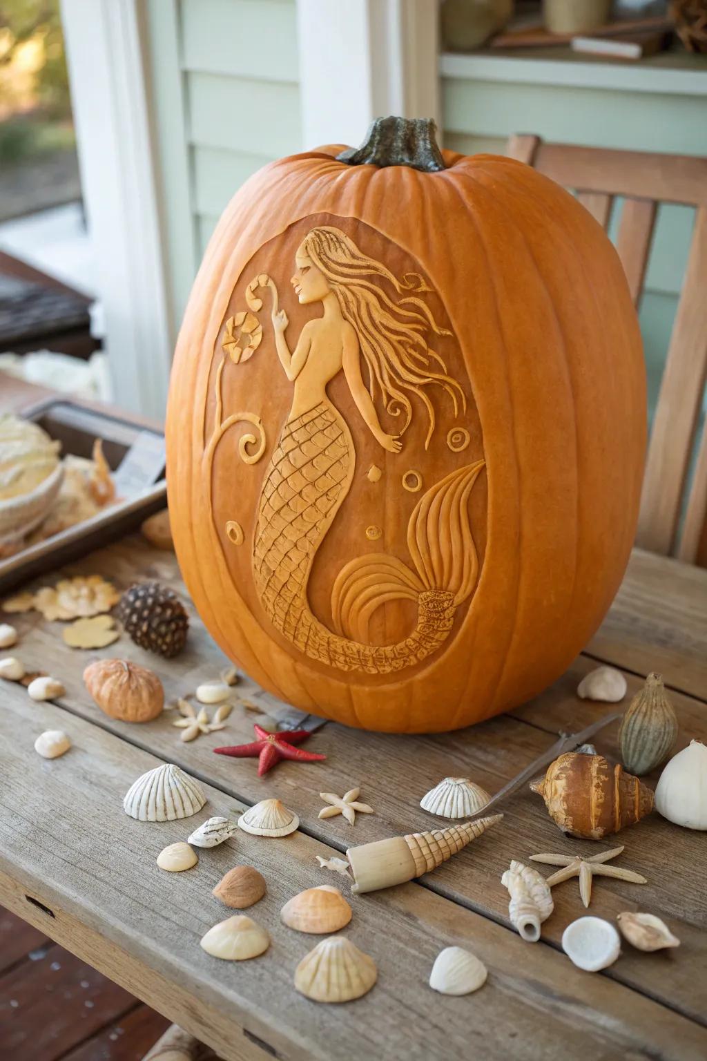 A mermaid gracefully carved into an oblong pumpkin, complete with flowing tail and delicate scales.