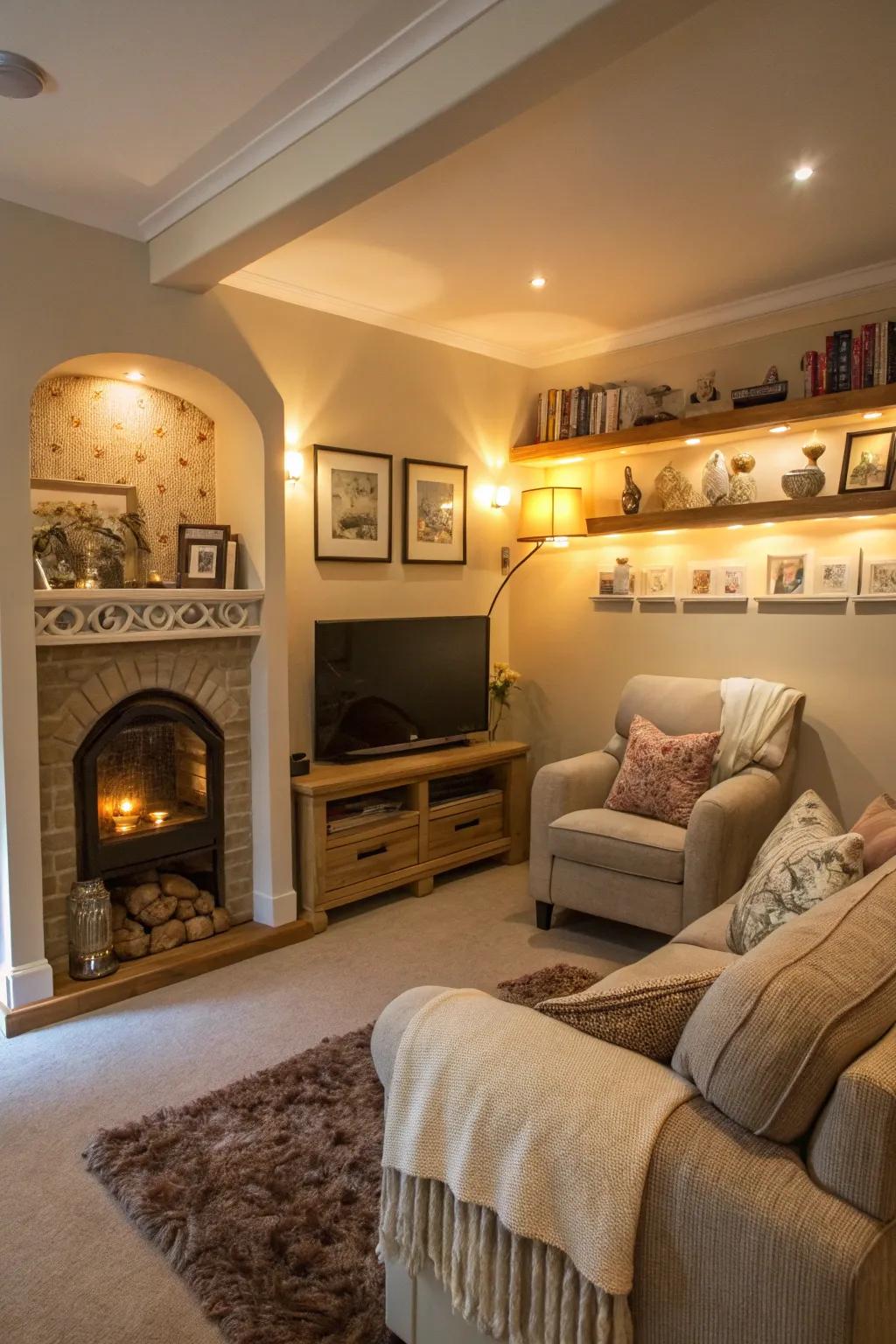 A corner TV placement creates a cozy and inviting atmosphere.