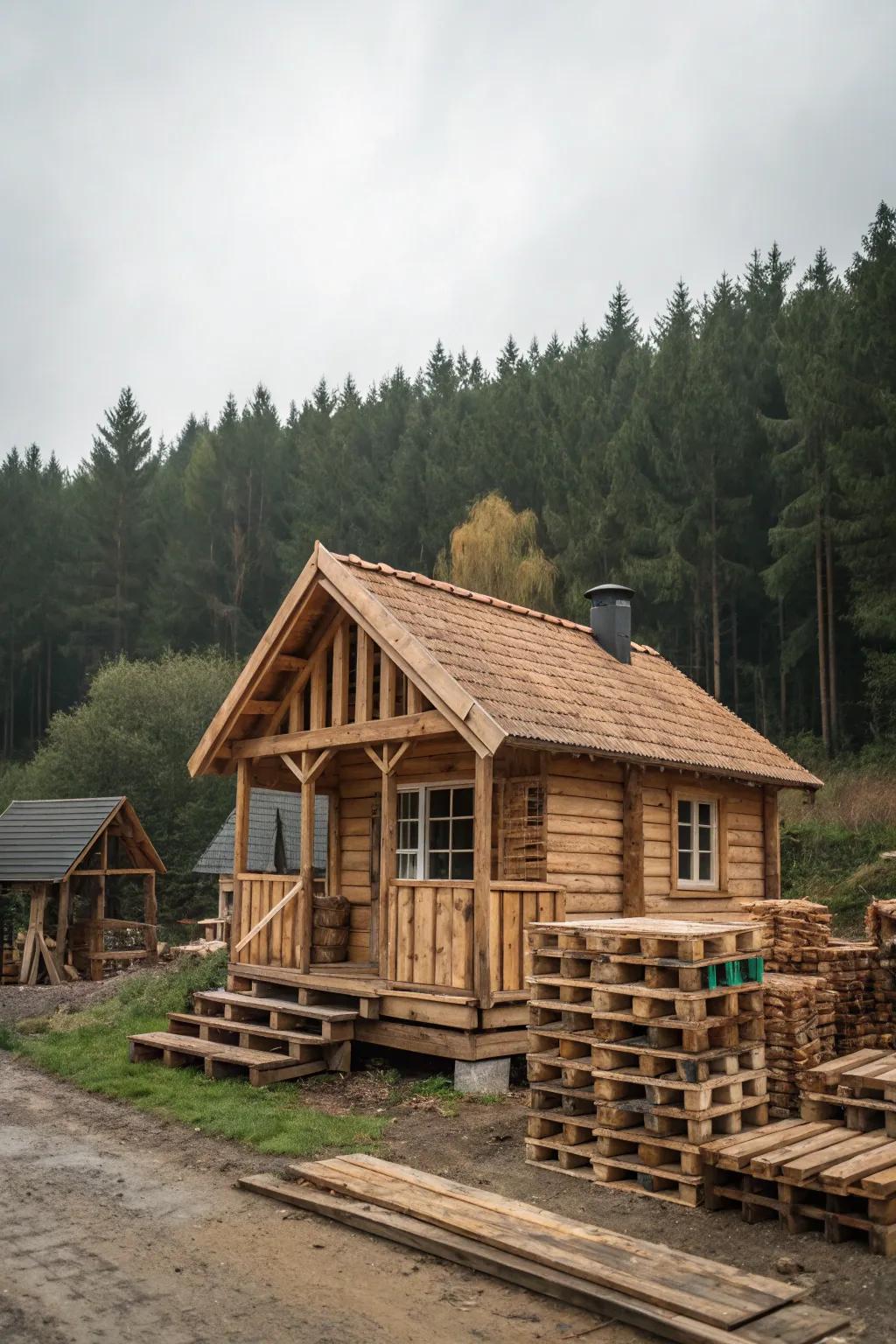 A pallet cabin taking shape in a woodland retreat.