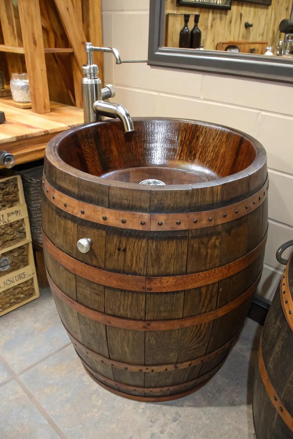 Elevate your space with a touch of rustic charm: the repurposed barrel sink.