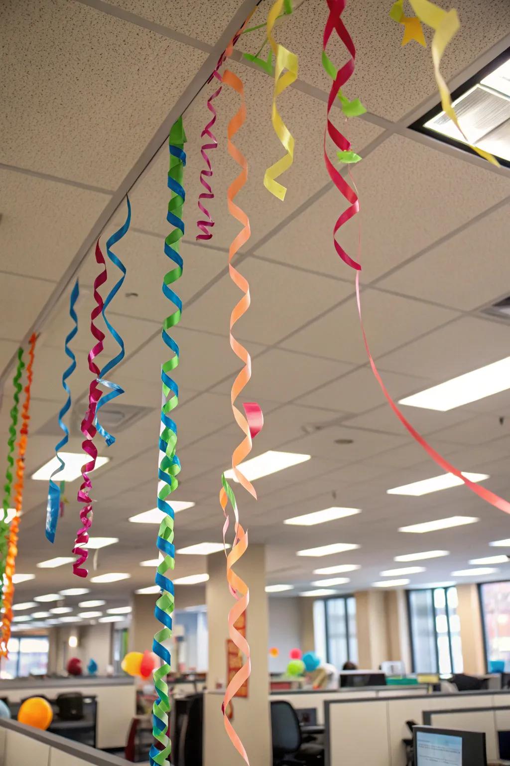 Streamers cascading from the ceiling create a lively atmosphere.