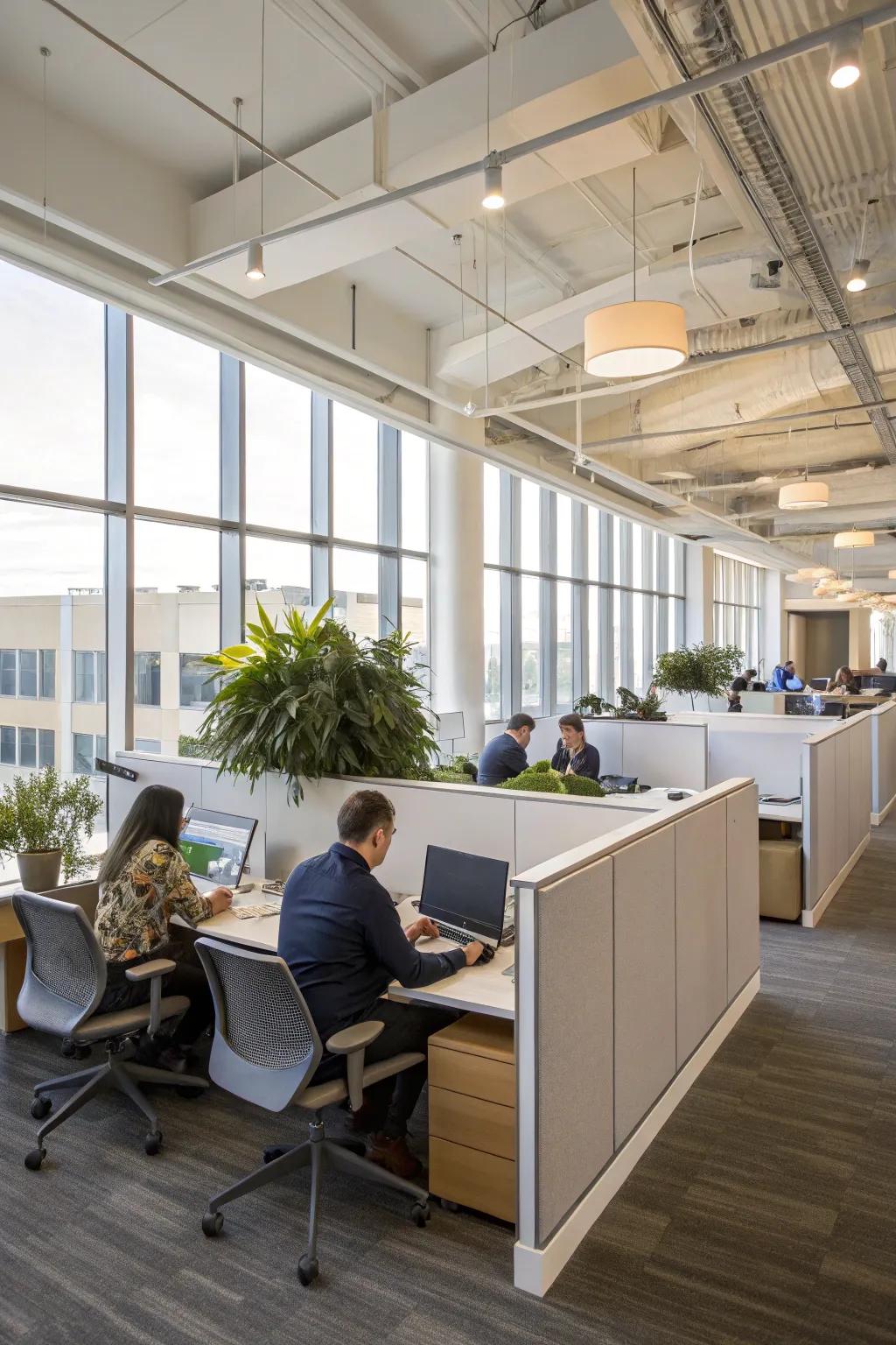 An open-concept cubicle layout promoting collaboration and communication.