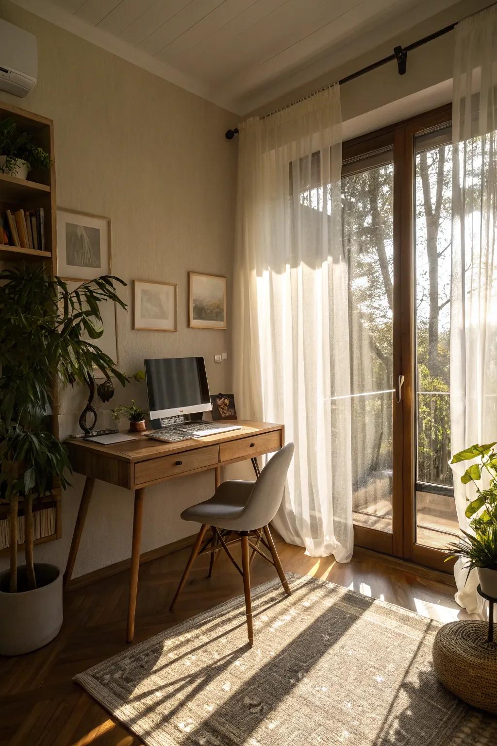 Sheer curtains gracefully illuminate a bright home office.