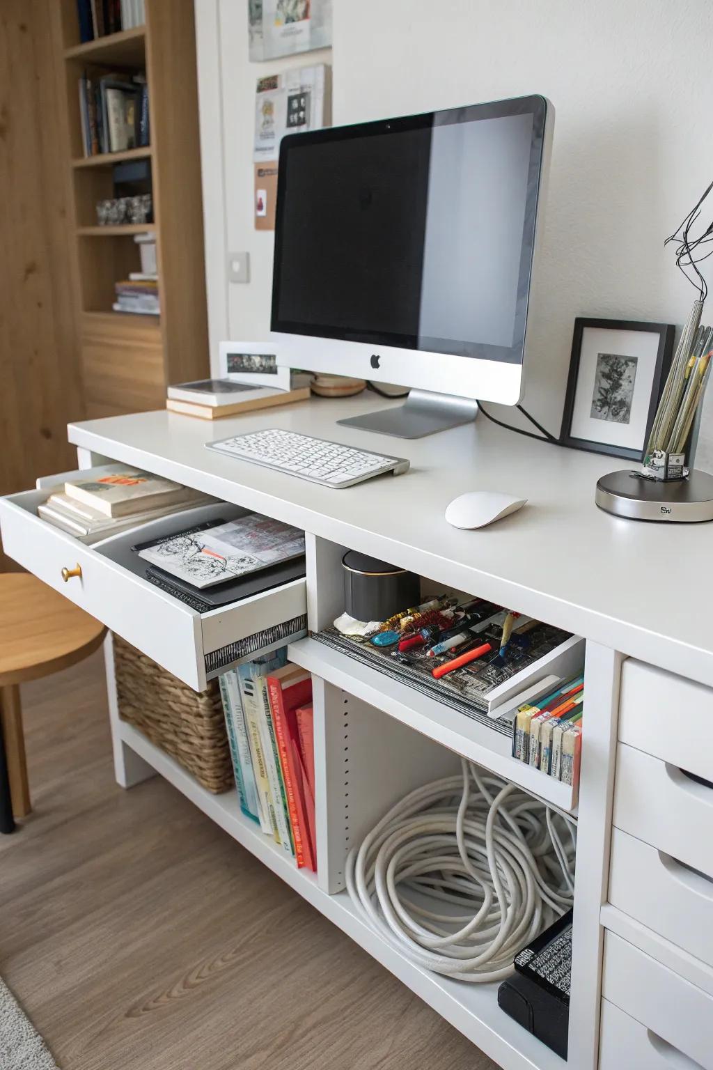 Neatly hidden cords create a clean and organized desk space.