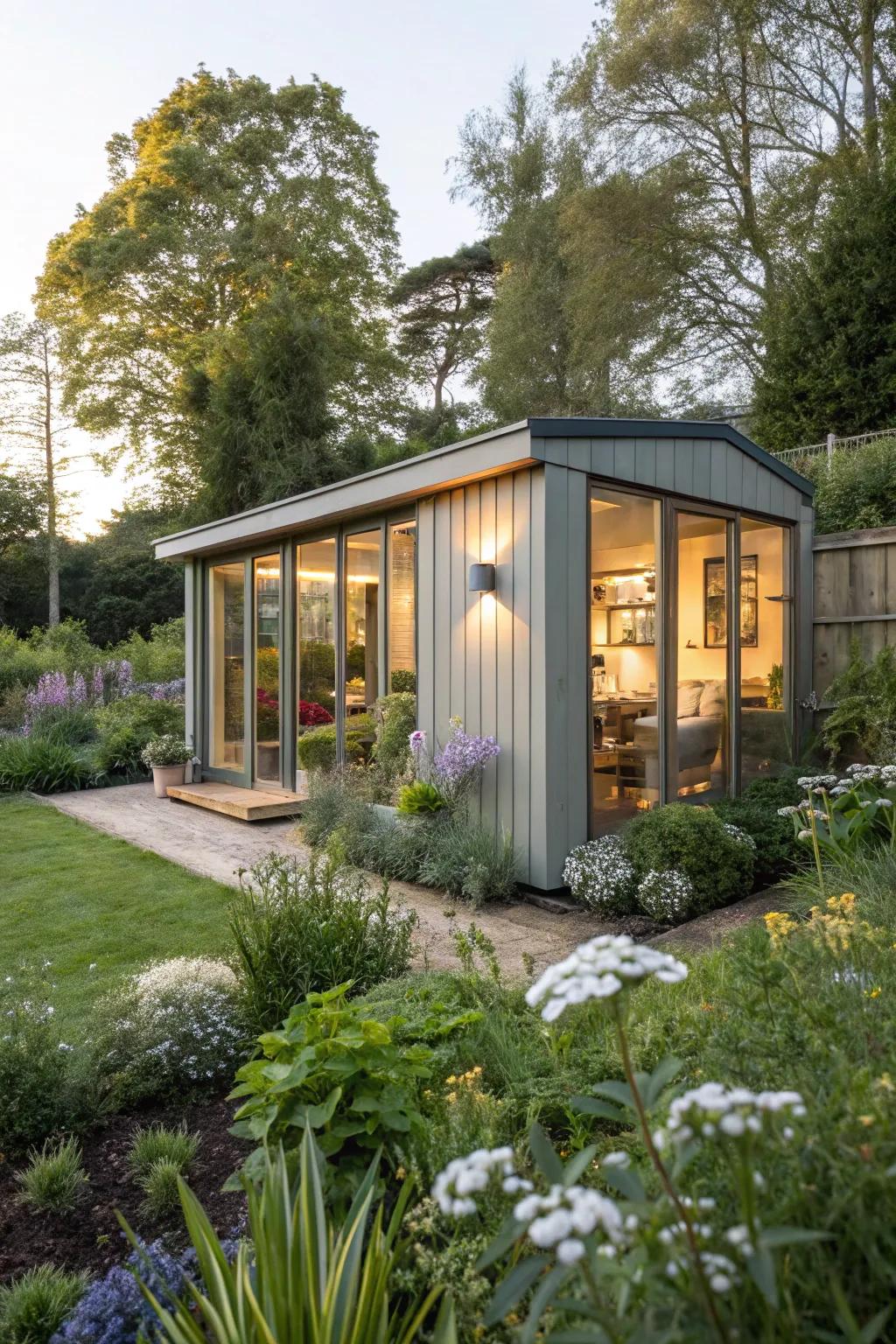 A nature-inspired office shed with a garden view