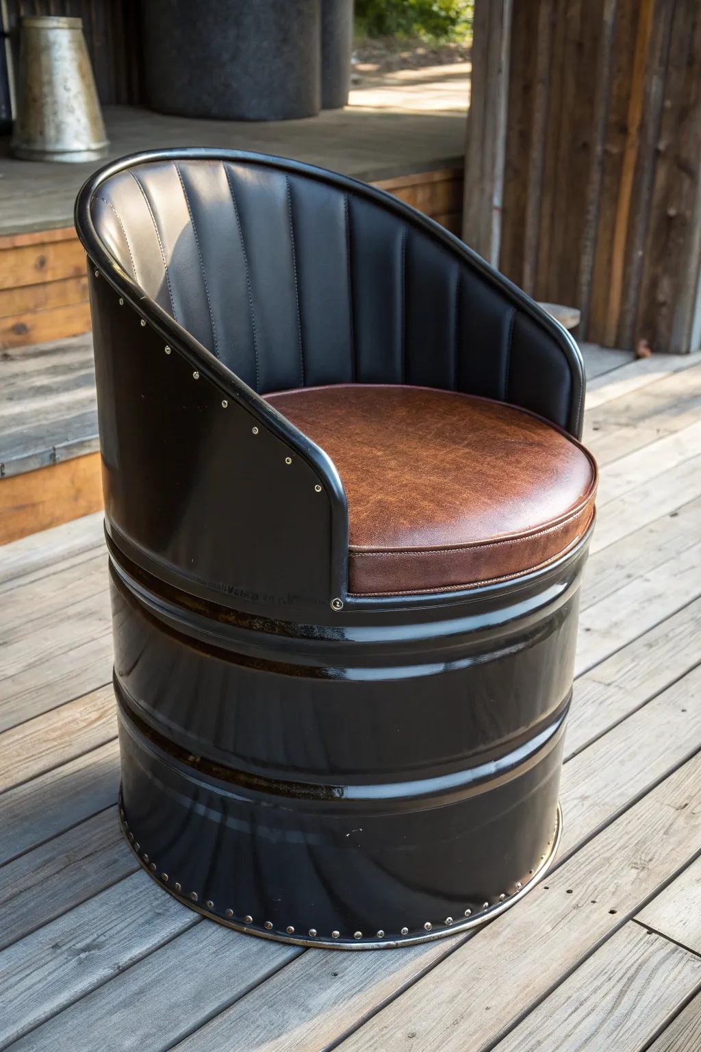 Transforming industrial into elegance: a chic chair from an oil barrel.