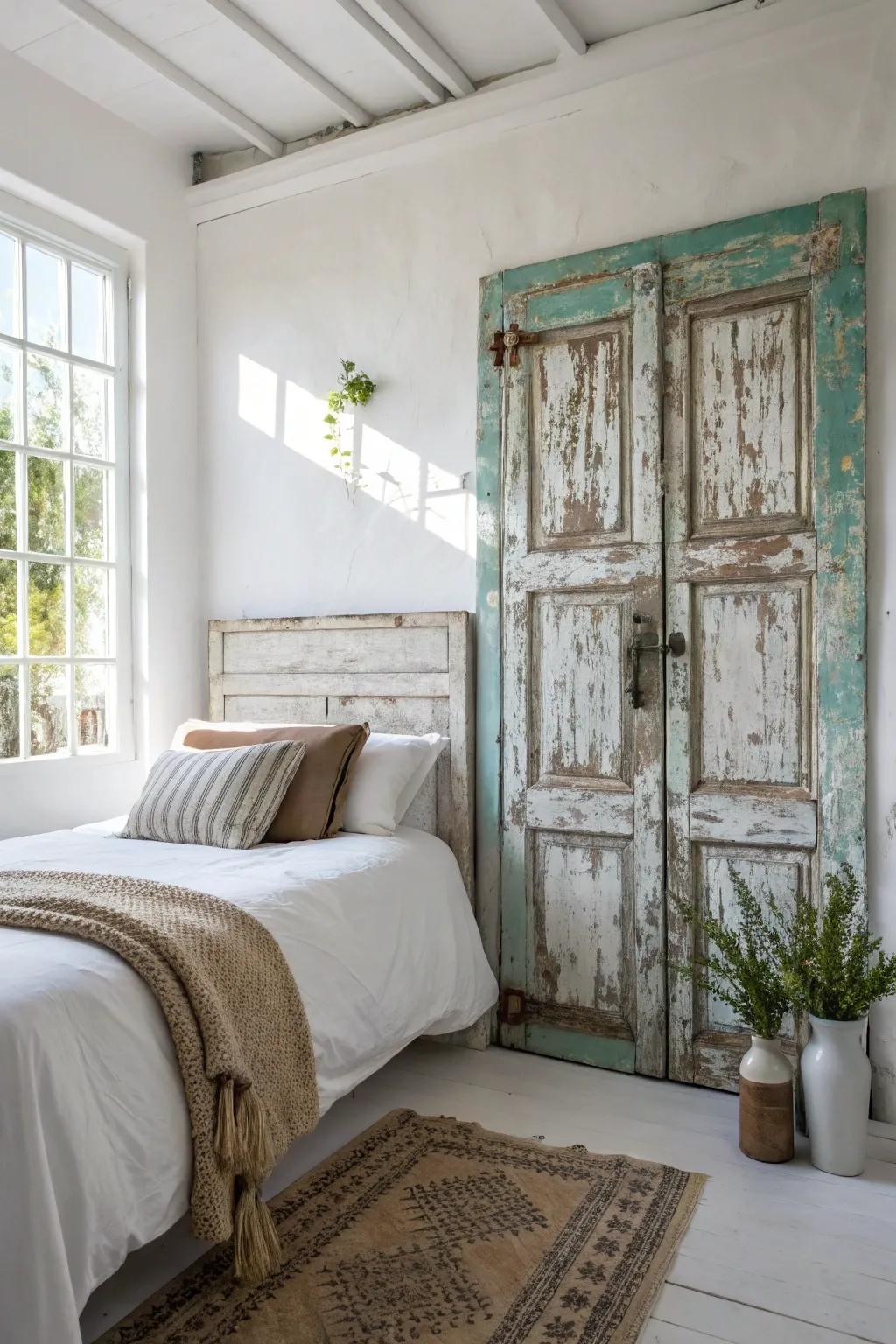 Transform your space with a touch of vintage charm: an old door as a statement headboard.