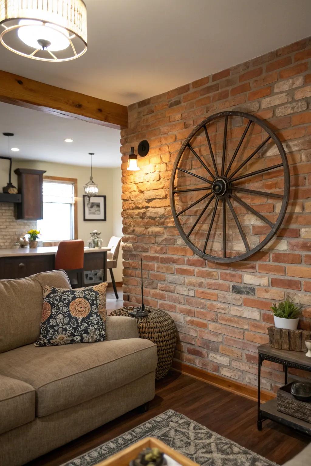 A metal wagon wheel makes a striking wall art piece.