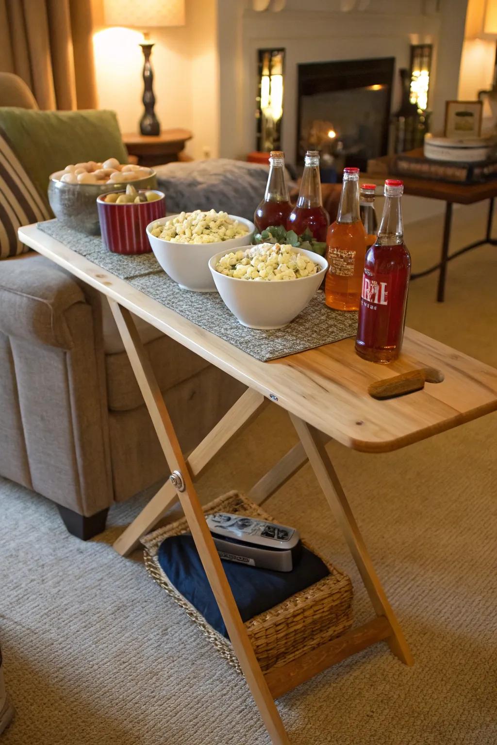 Transform your ironing board into a cozy snack table for movie nights.