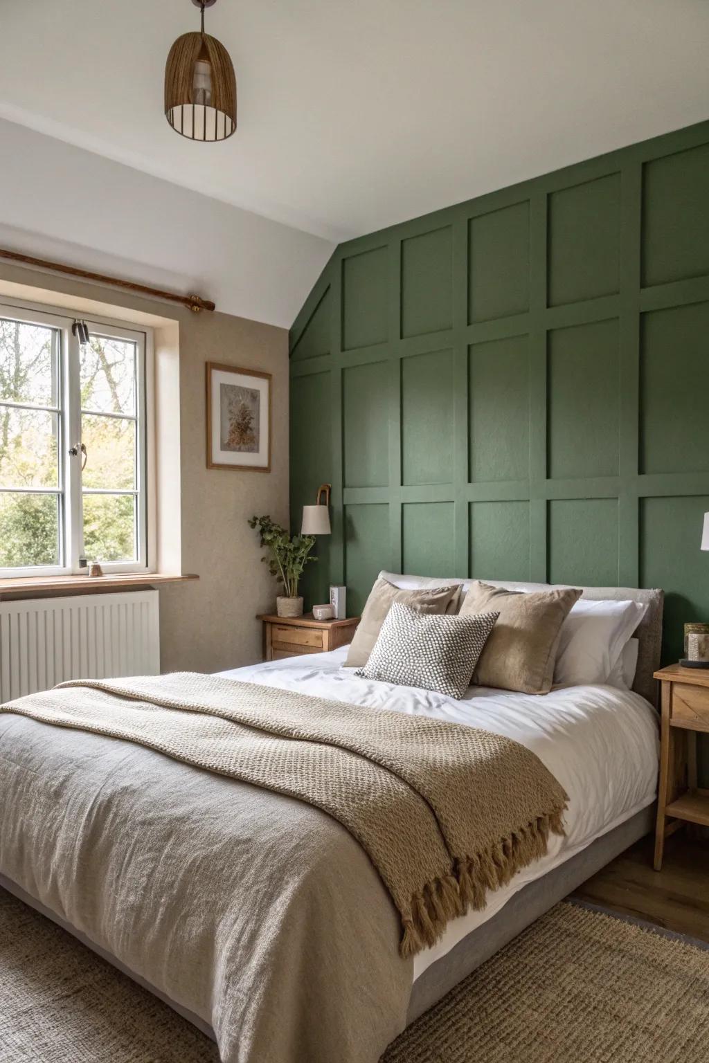 An olive green accent wall adds depth and sophistication to any bedroom.