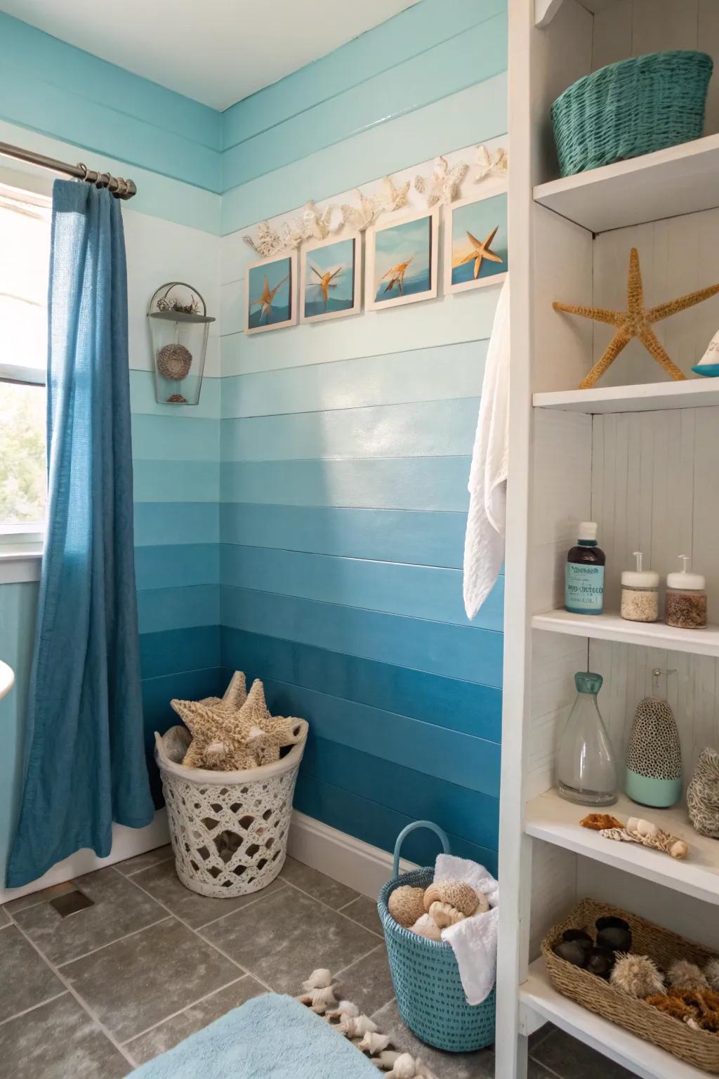 Dive into tranquility with a coastal-inspired blue ombre wall.