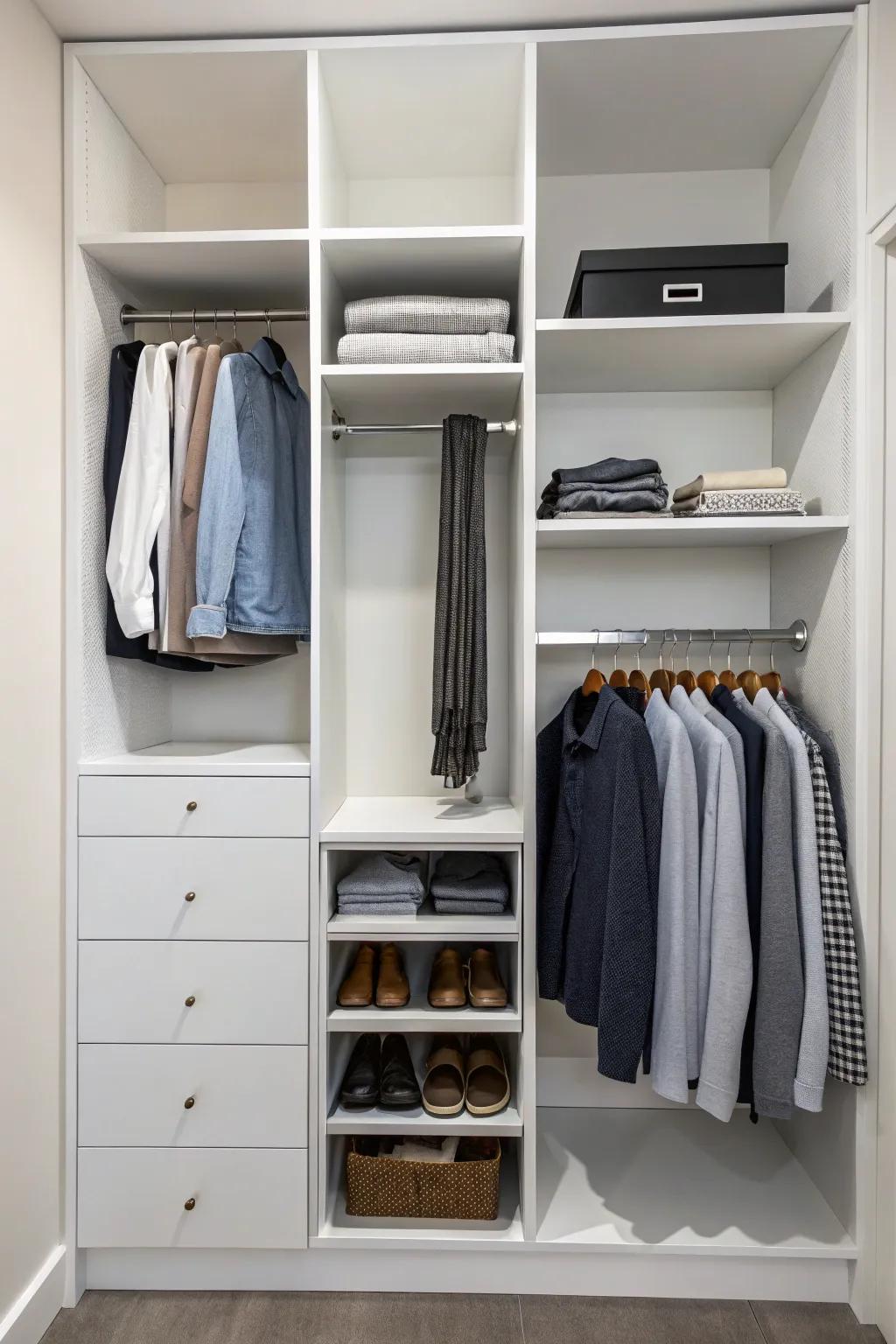 A minimalist open closet showcasing simplicity and order.