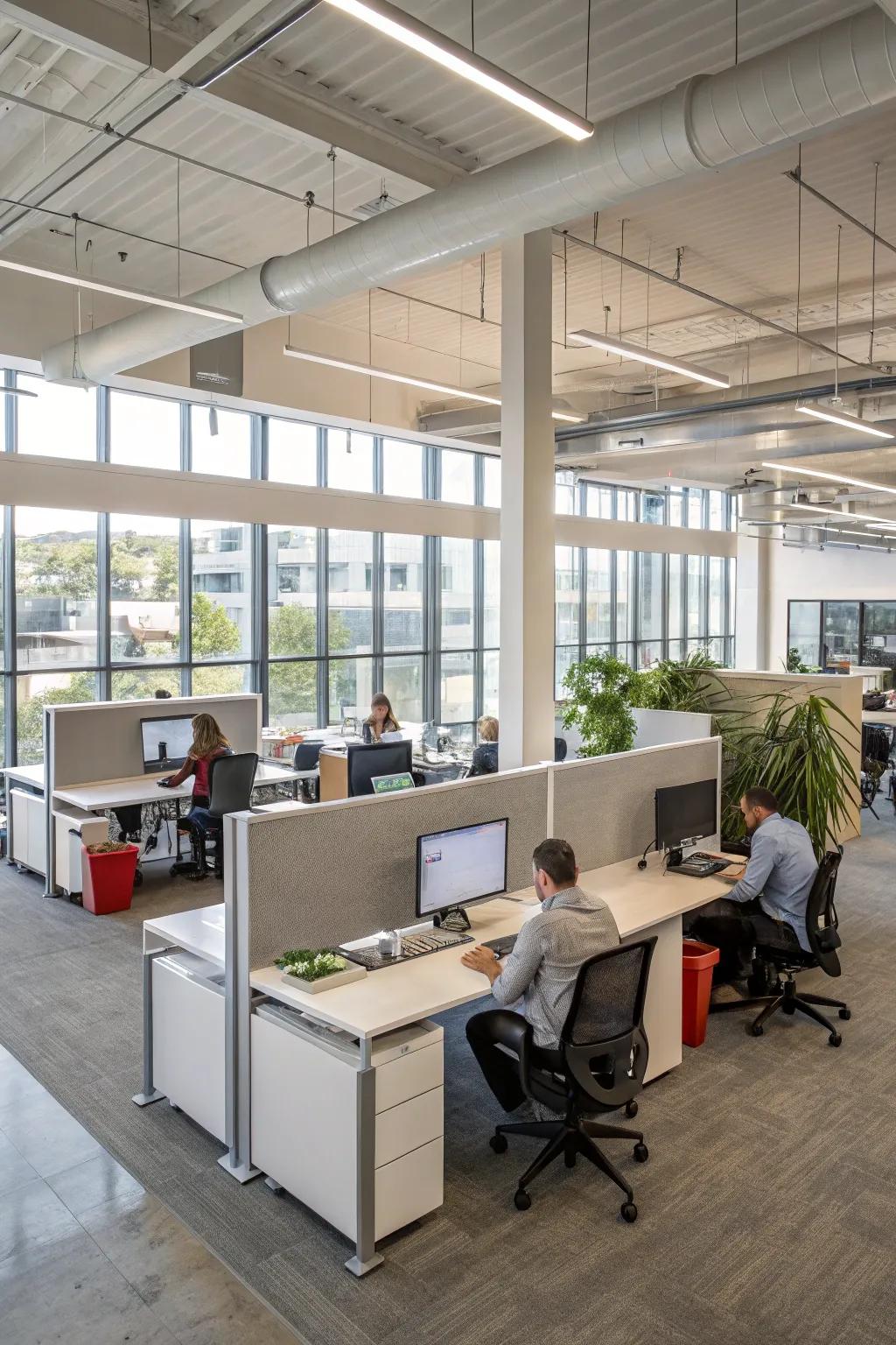 Flexible workstations with adjustable desks and movable partitions.