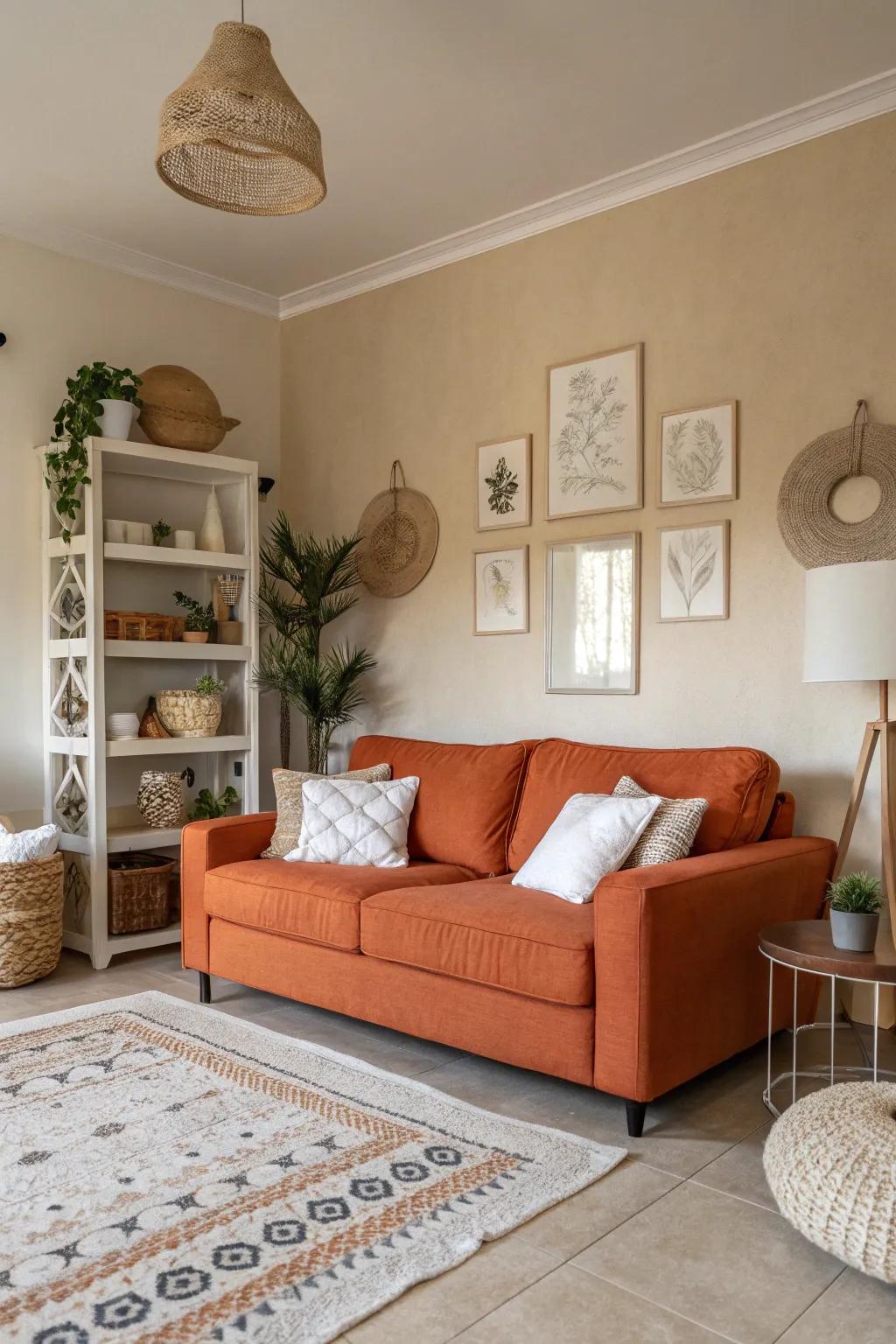 A serene living room where an orange couch shines against neutral beige walls.