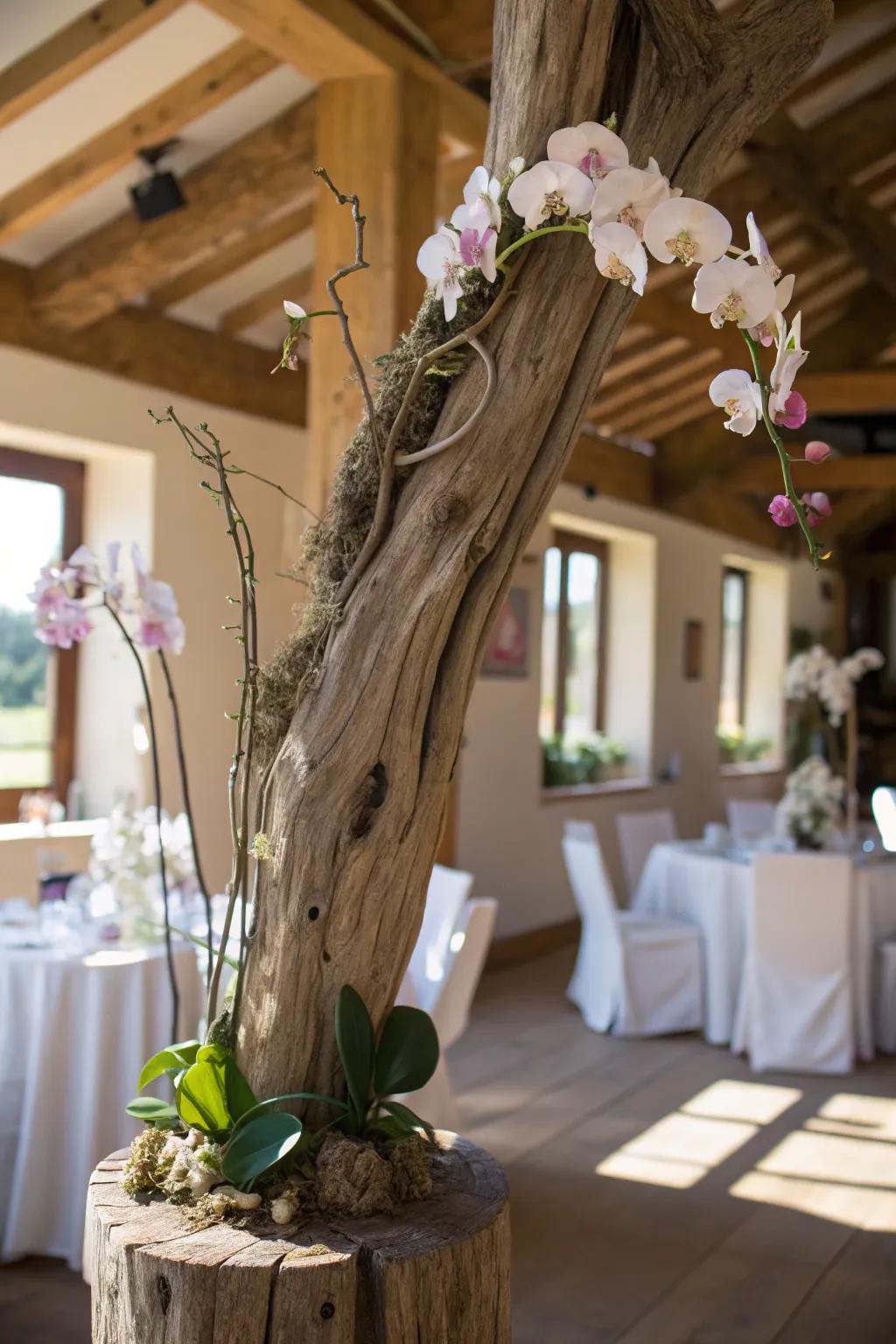 Create a coastal vibe with driftwood-mounted orchids.