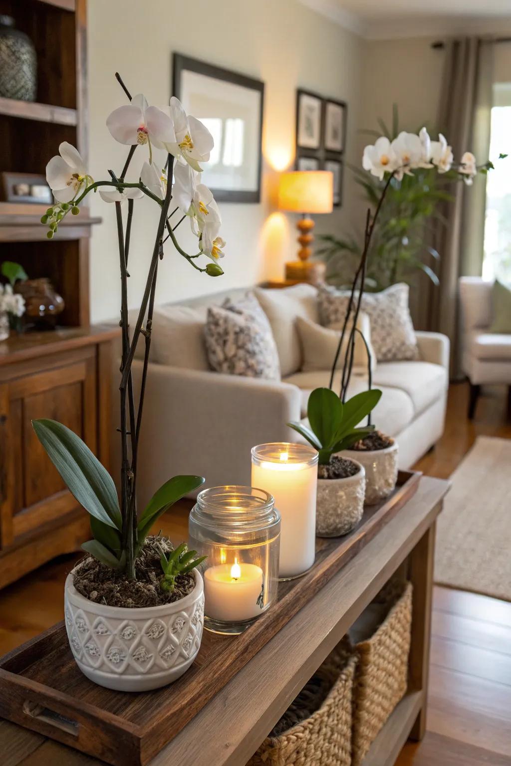 Orchids elegantly housed in repurposed candle jars, adding warmth to a living room.