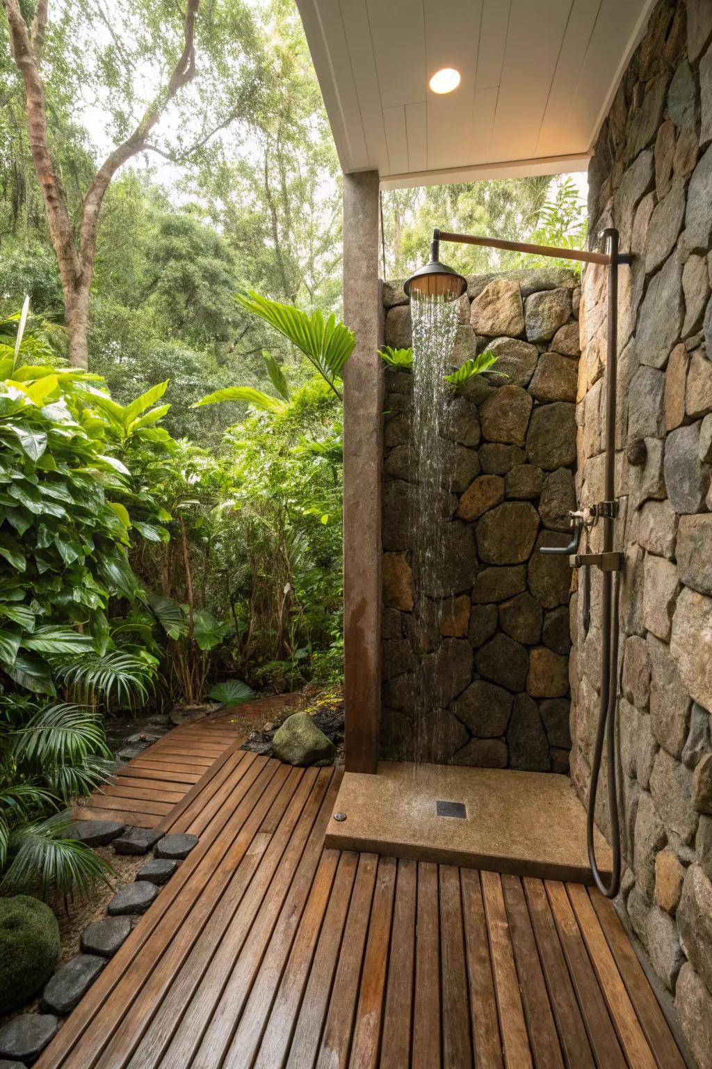 A refreshing outdoor shower set amidst lush greenery.