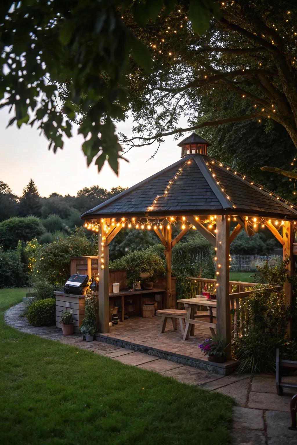 A rustic timber gazebo providing a charming shelter for outdoor BBQs.