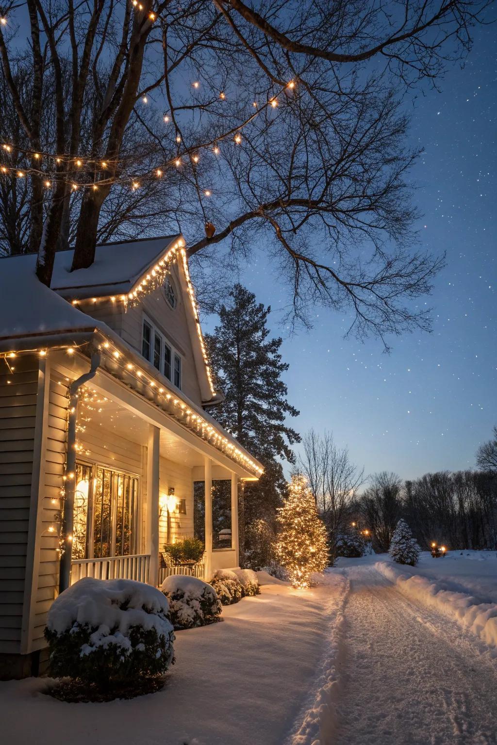 Classic white twinkle lights elegantly light up the roofline and trees, evoking a serene Christmas charm.