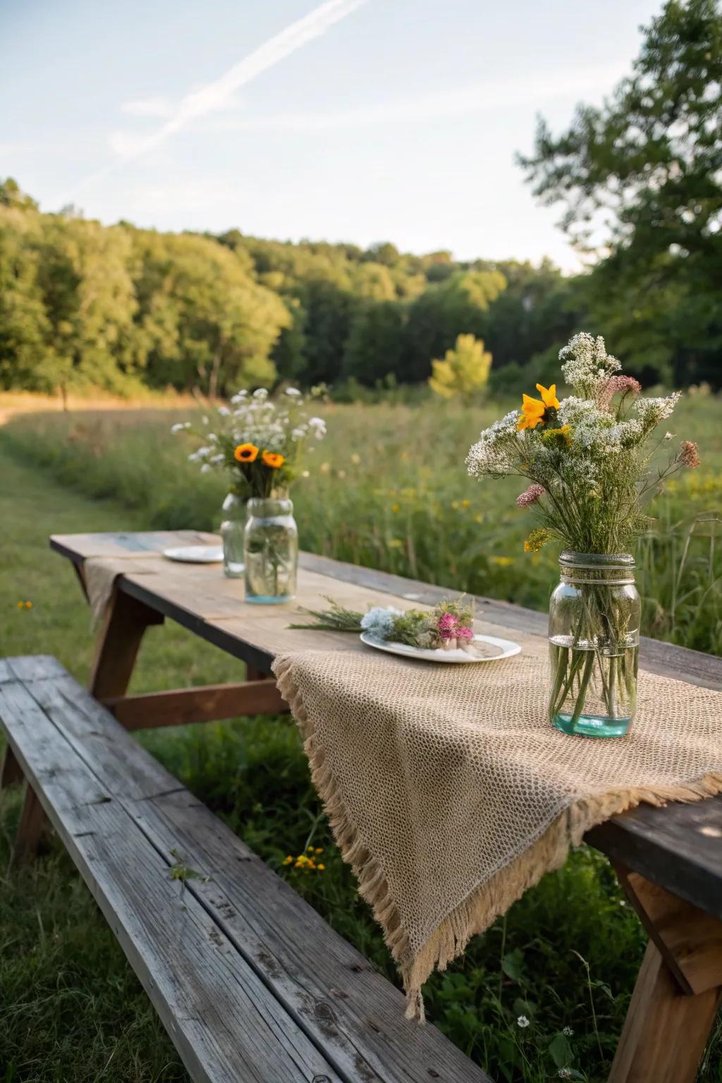 Burlap runners and wildflowers create a rustic charm perfect for any picnic table.