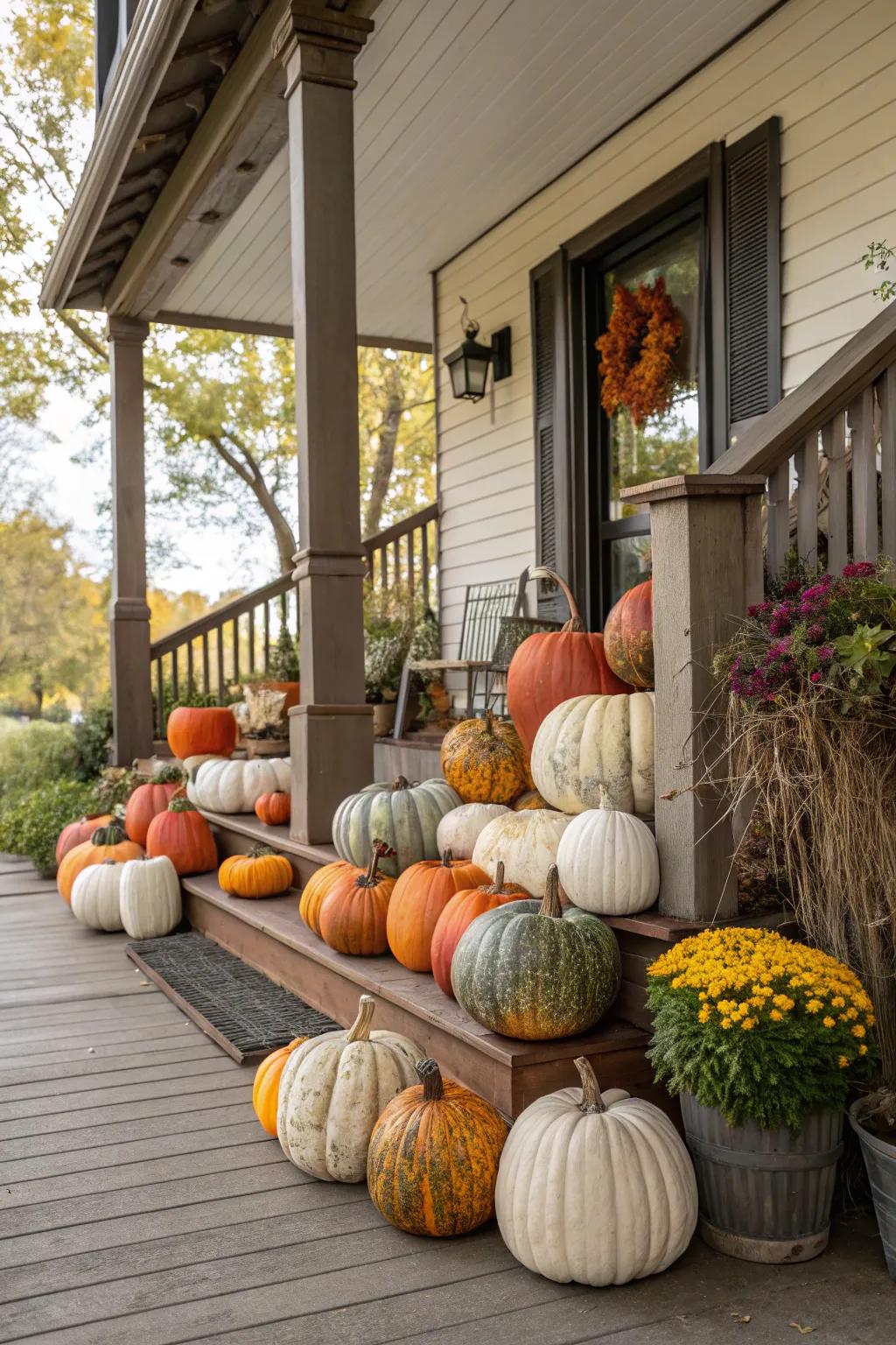 A stunning mix of pumpkins creates a charming fall display.