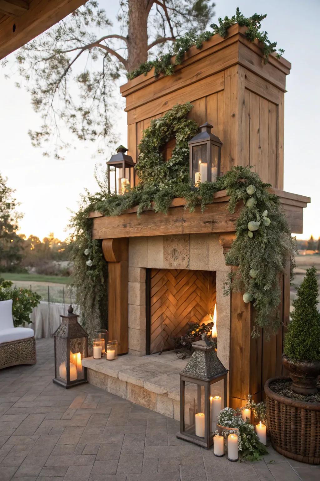 A rustic wooden mantel adorned with greenery and lanterns.