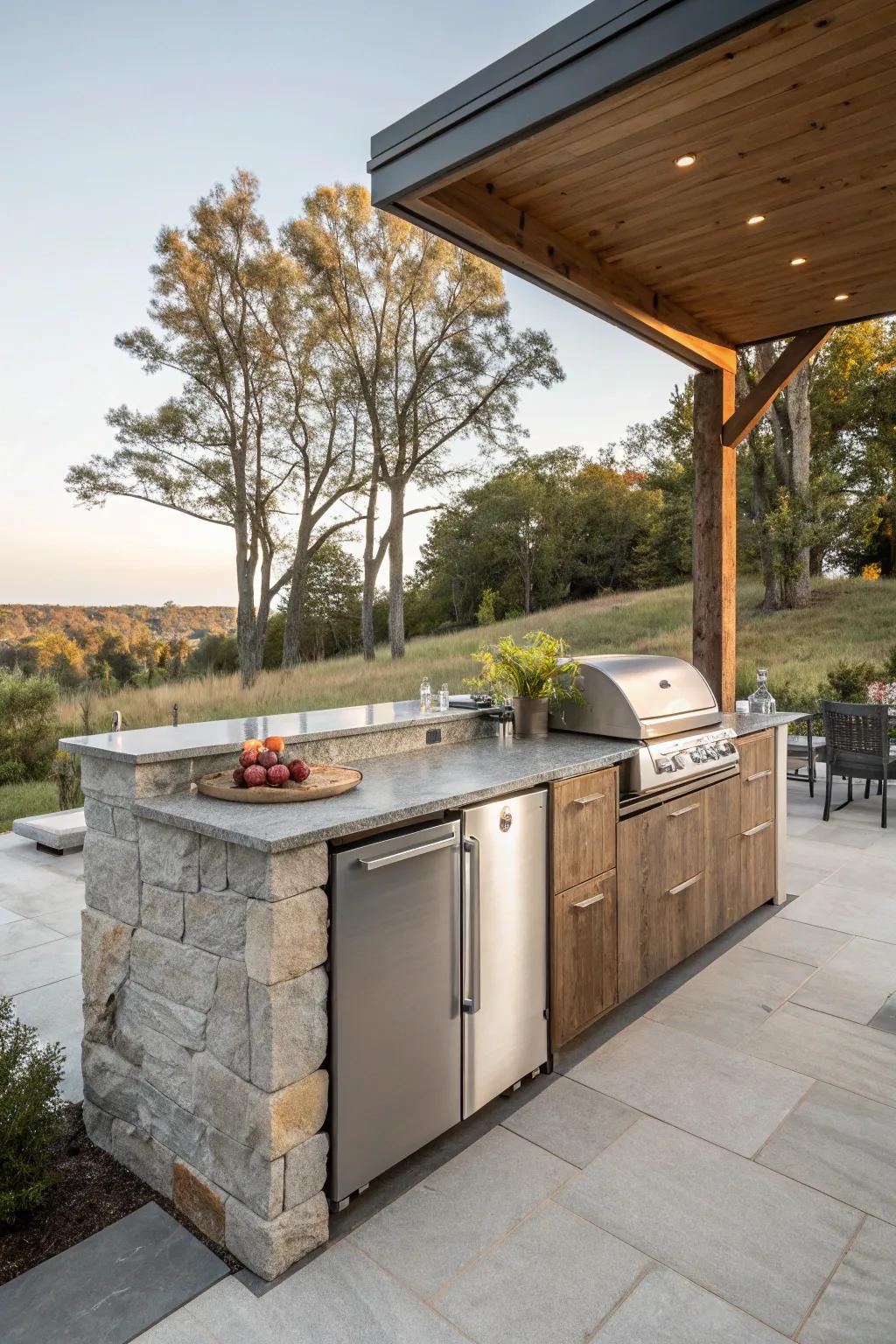 A built-in outdoor fridge seamlessly blends with the kitchen island design.