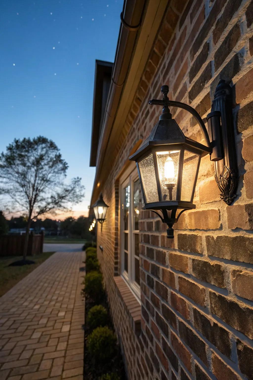 Classic lantern-style sconces add a touch of timeless charm.