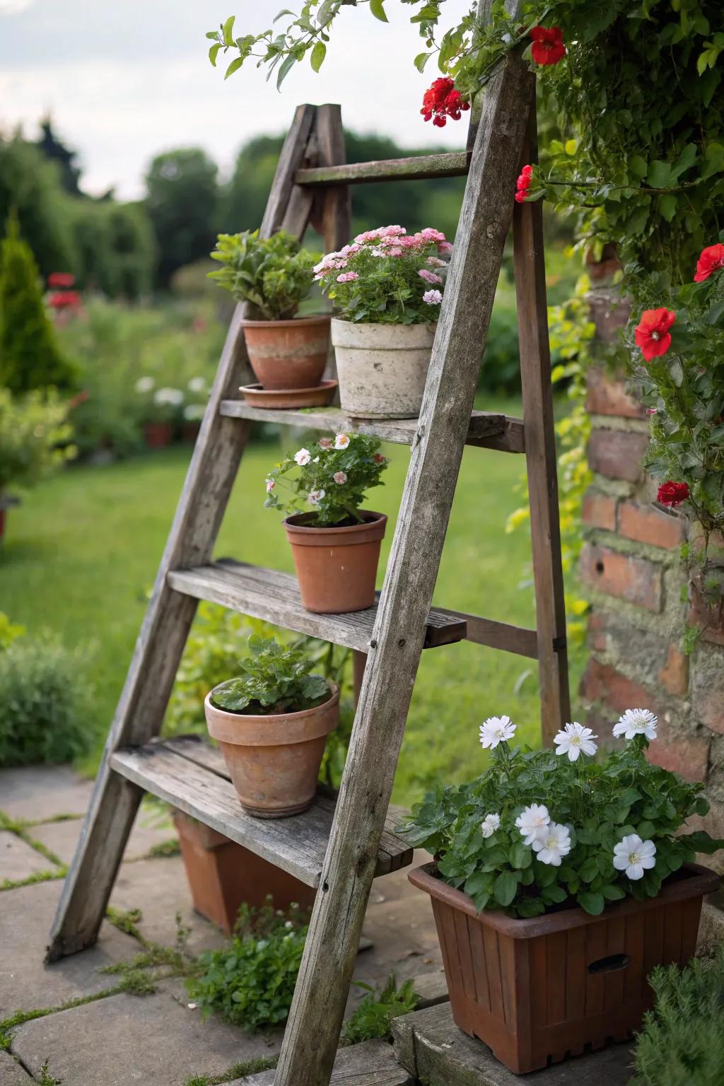 Transform an old ladder into a multi-tiered plant stand.