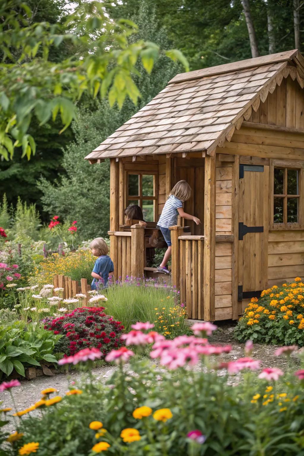 A charming rustic wooden cabin playhouse that blends seamlessly with nature.