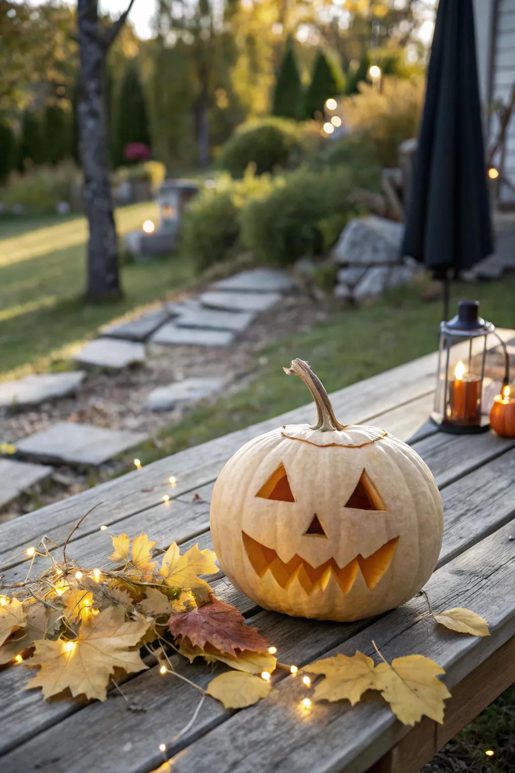Embrace tradition with a classic jack-o'-lantern that radiates warmth and welcome in your autumn outdoor decor.