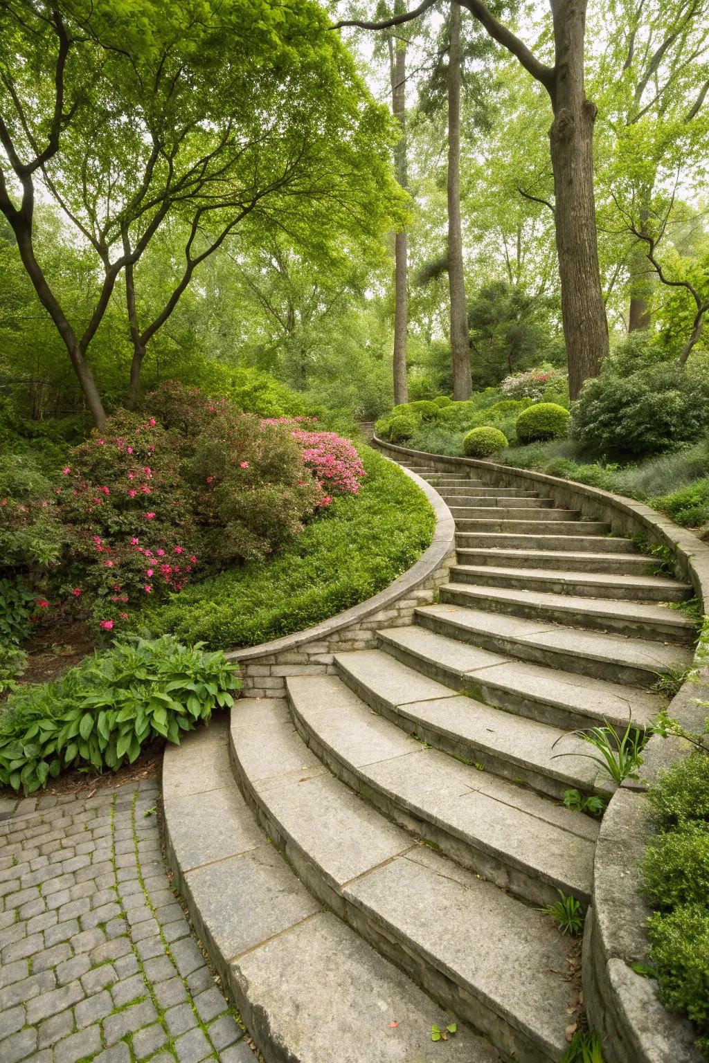 Curved stone steps blend seamlessly with nature.