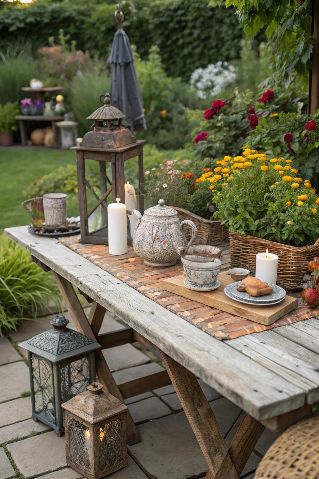 A rustic outdoor tabletop made from reclaimed wood, perfect for a cozy garden space.