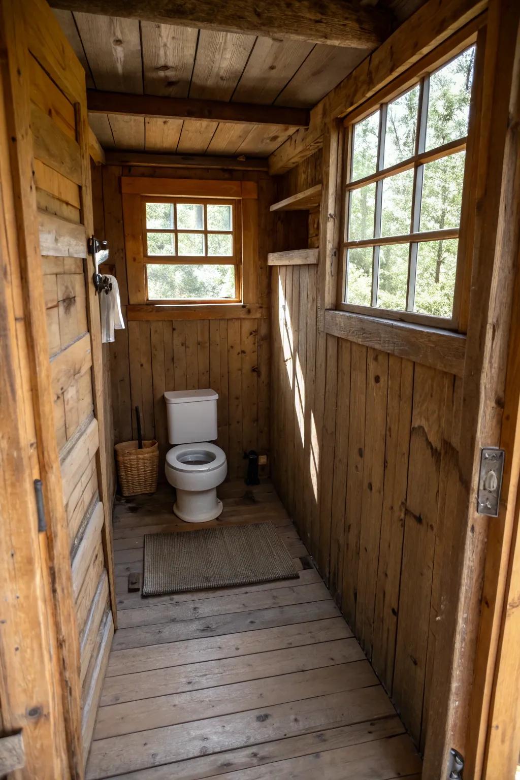 Wood paneling brings warmth and texture to this rustic outhouse bathroom.