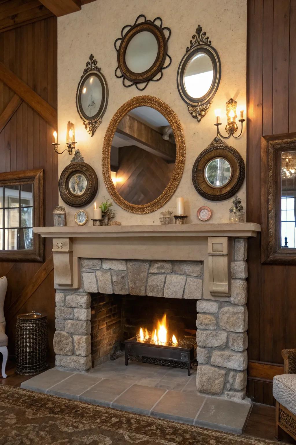 A collection of vintage mirrors adds charm and illumination above the fireplace.