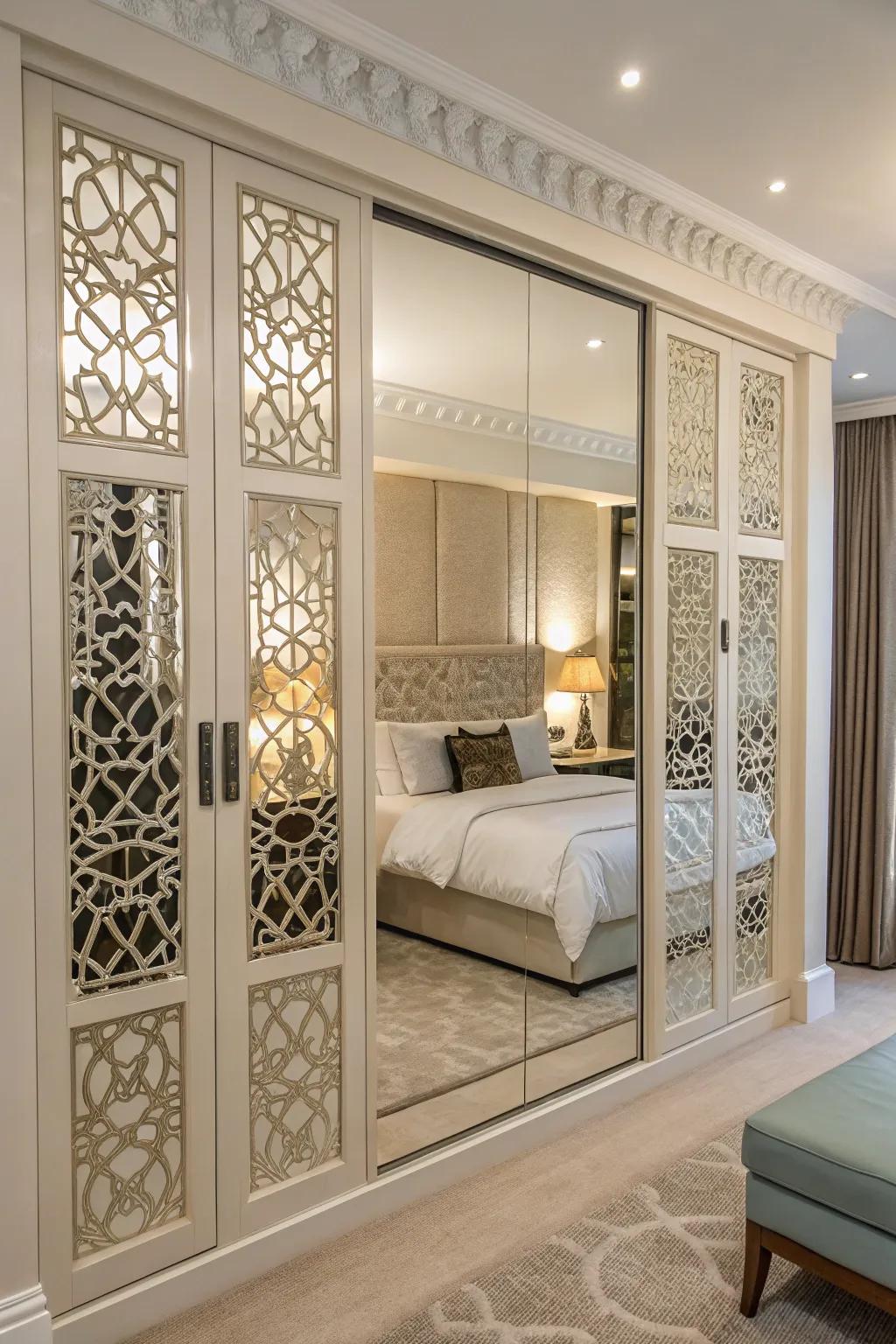 Decorative fretwork panels bring a touch of elegance to mirrored doors.