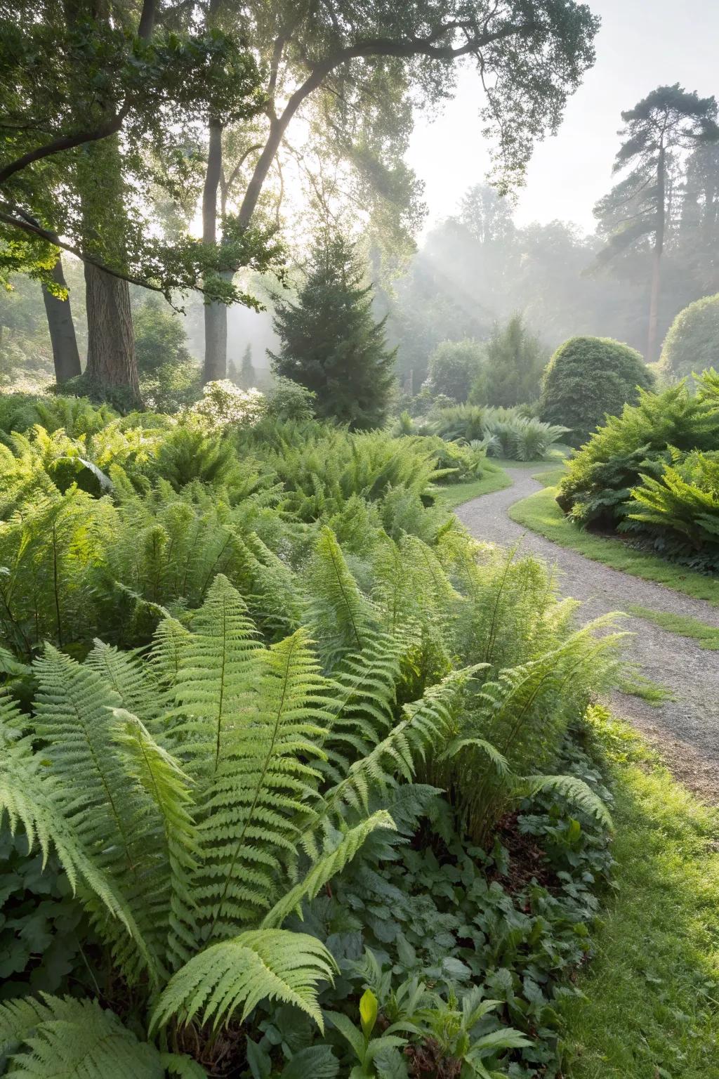 Native ferns create a lush, green backdrop in this Pacific Northwest garden.