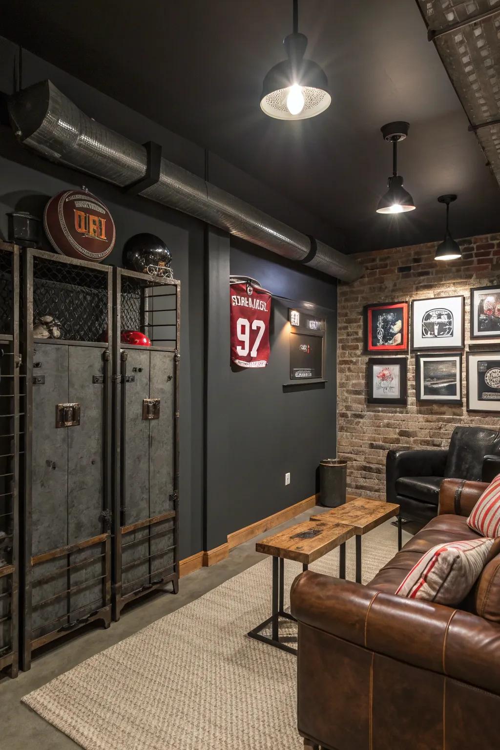 Charcoal gray walls perfectly complement an industrial-themed man cave.