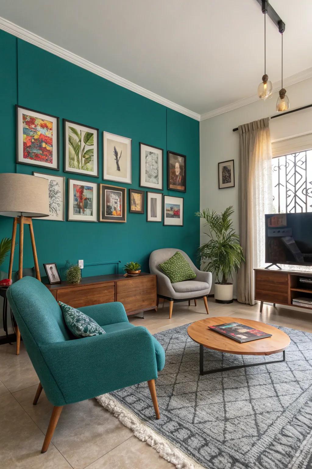 A teal accent wall adds depth and interest to this living room.