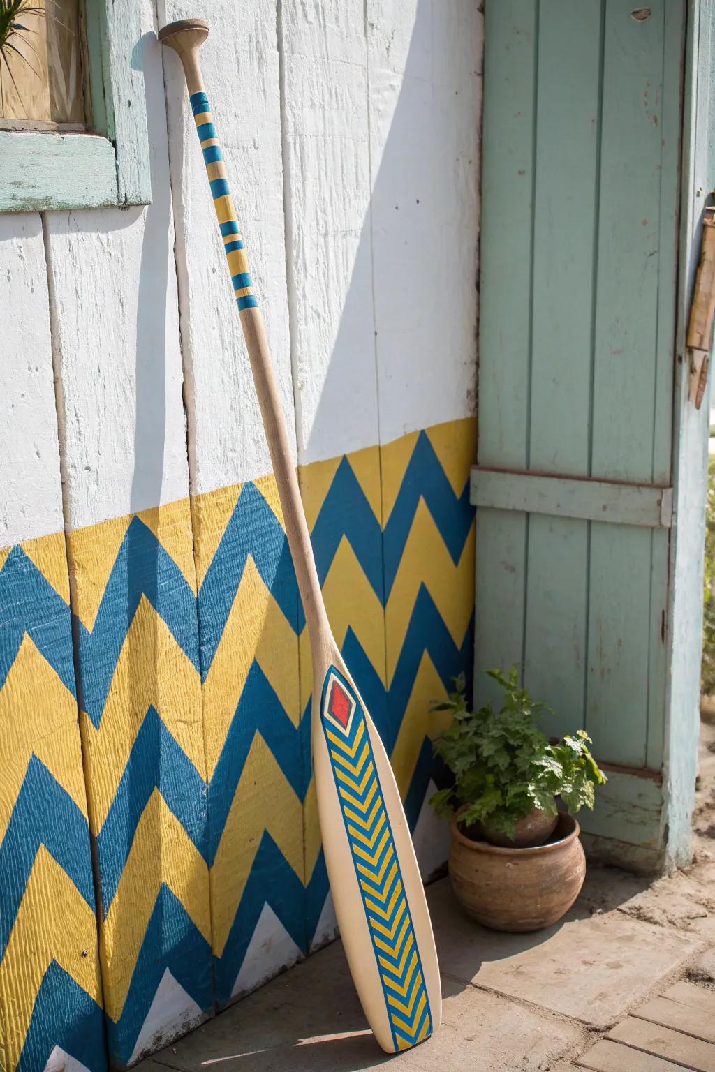 Transform your space with the vibrant charm of bold geometric patterns on a handcrafted canoe paddle.