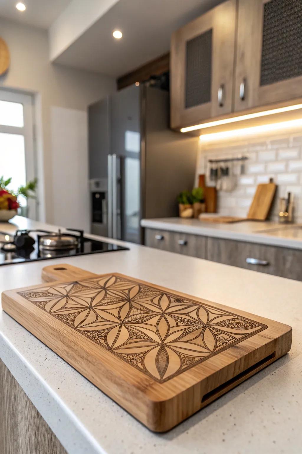 A cutting board with a modern geometric design in vibrant colors.