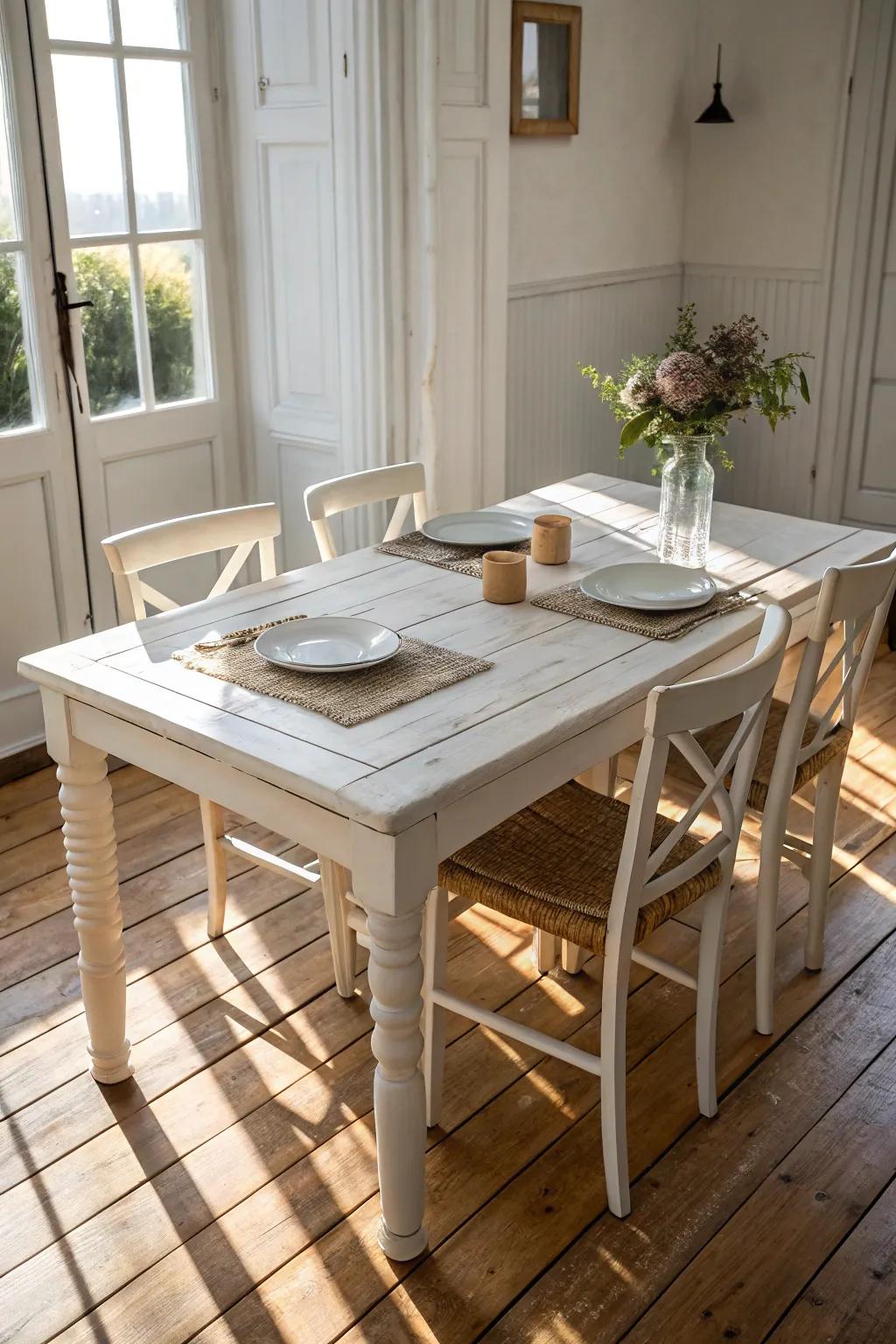 A whitewashed finish adds a rustic charm to any setting.